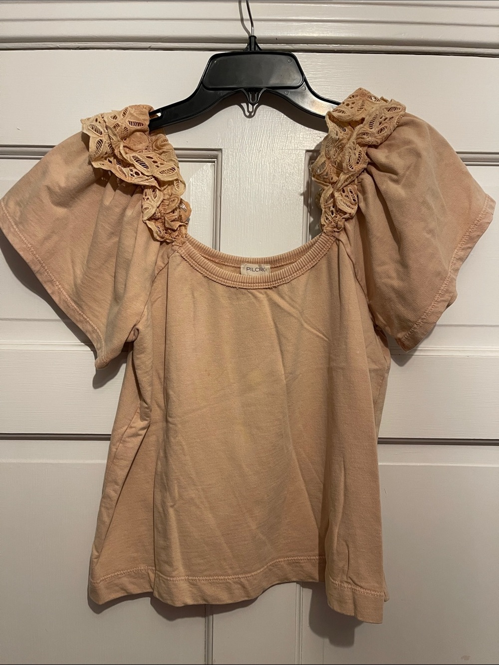Pilcro Peach Lace-Ruffle Square Neck Top